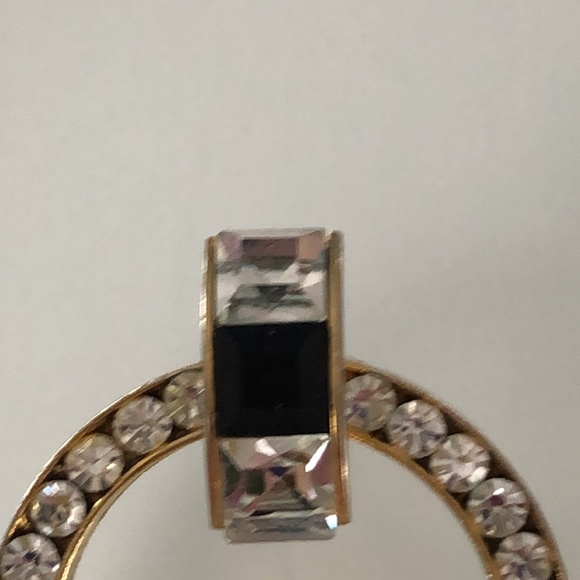 Circular crystal and baguette clear and black stone goldtone earrings - Picture 2 of 5